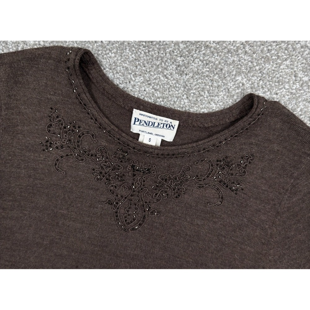 Pendleton Merino Wool Sweater Womens S Brown Beaded Embroidered Crewneck